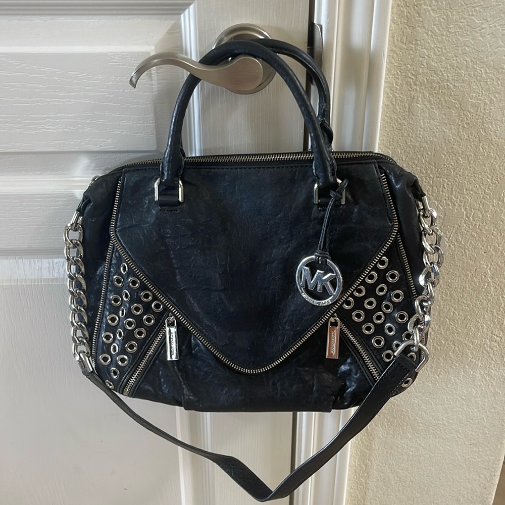 Michael Kors black leather zipper grommet hobo bag